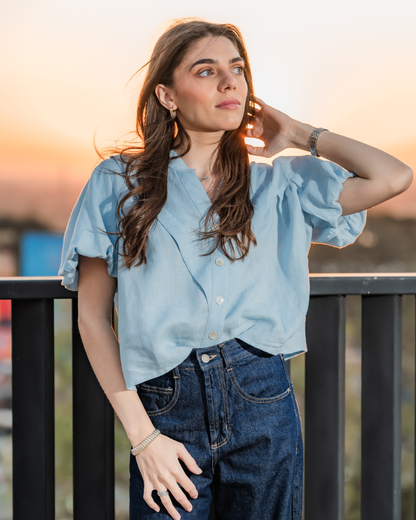 Camisa Valeria Lino Blue Aura