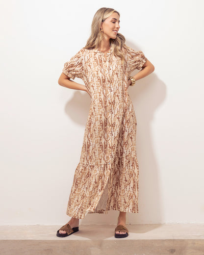 Vestido Mar Lino Print Beige