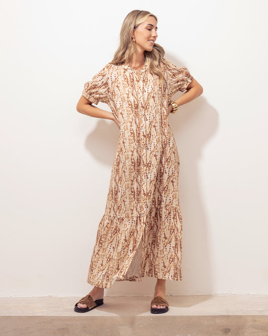 Vestido Mar Lino Print Beige
