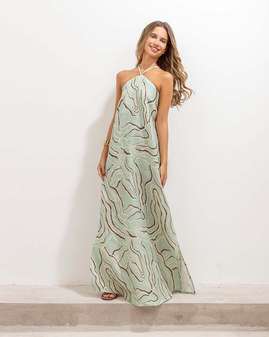 Vestido Diamante Lino Ondas Verdes