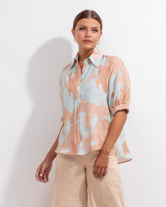 Camisa Mar Lino Acuarela Aqua