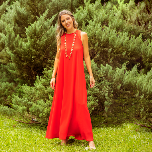 Vestido Mariluz largo plizado rojo