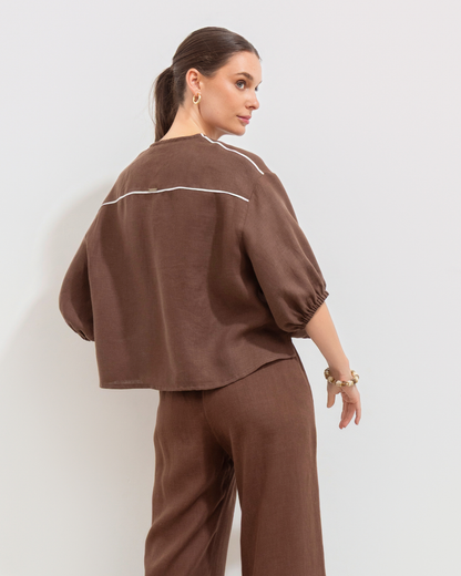 Camisa Coral Lino Chocolate
