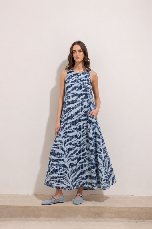 Vestido Vania Lino Print Azul