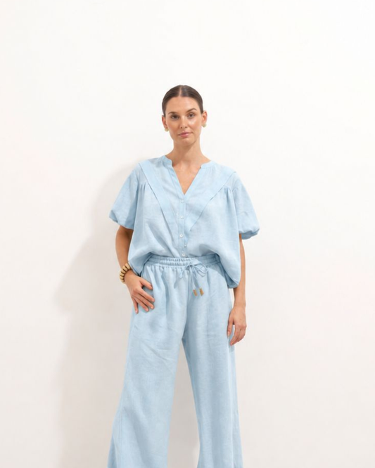 Camisa Valeria Lino Blue Aura