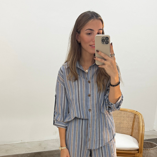 Camisa Gia Rayas Azul Y Chocolate