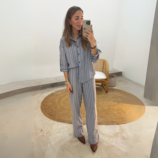 Pantalón Gia Rayas Azul Y Chocolate