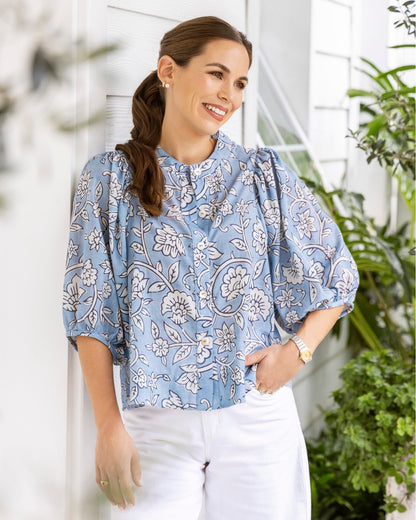 Camisa Gema Flores Azul Vintage