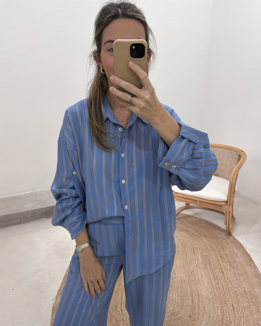 Camisa Gia Rayas Celeste Y Chocolate