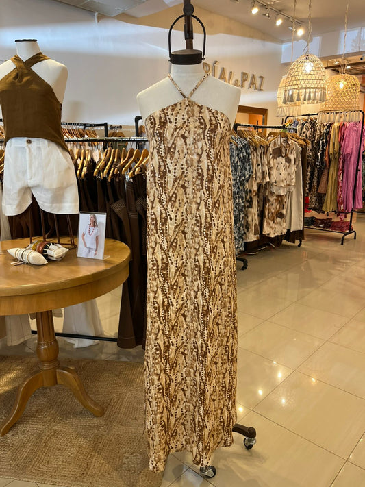 Vestido Diamante Jacquard Print Beige