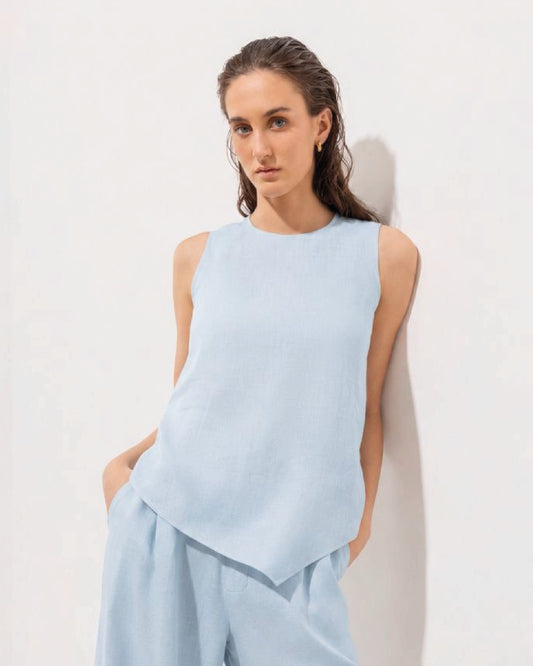 Blusa Irma Lino Blue Aura