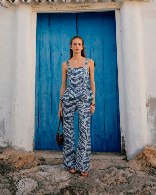 Pantalon Elvira Lino Print Azul