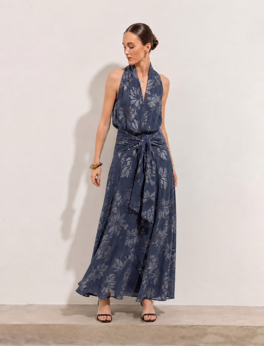Pollera Nina Seda Flores Azul