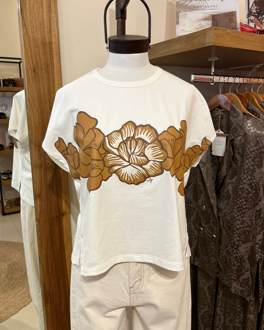 Remera Frunce Natural Flores Beige