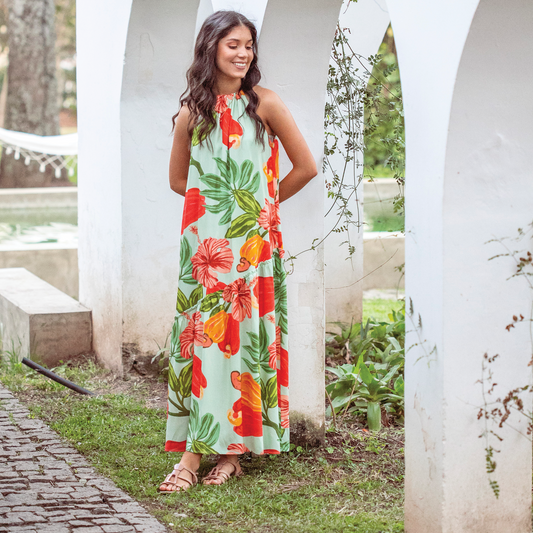 Vestido flor asimetrico estampado verde