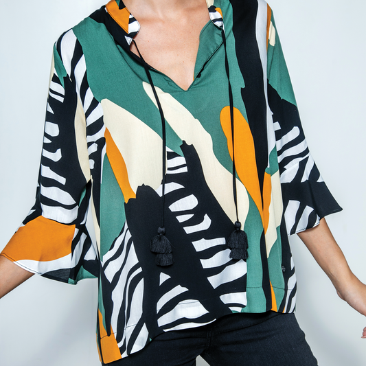 Blusa bohemia estampada verde/ ocre/ negra