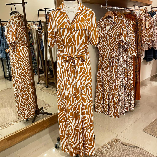 Vestido Camisero M/C animal print ocre